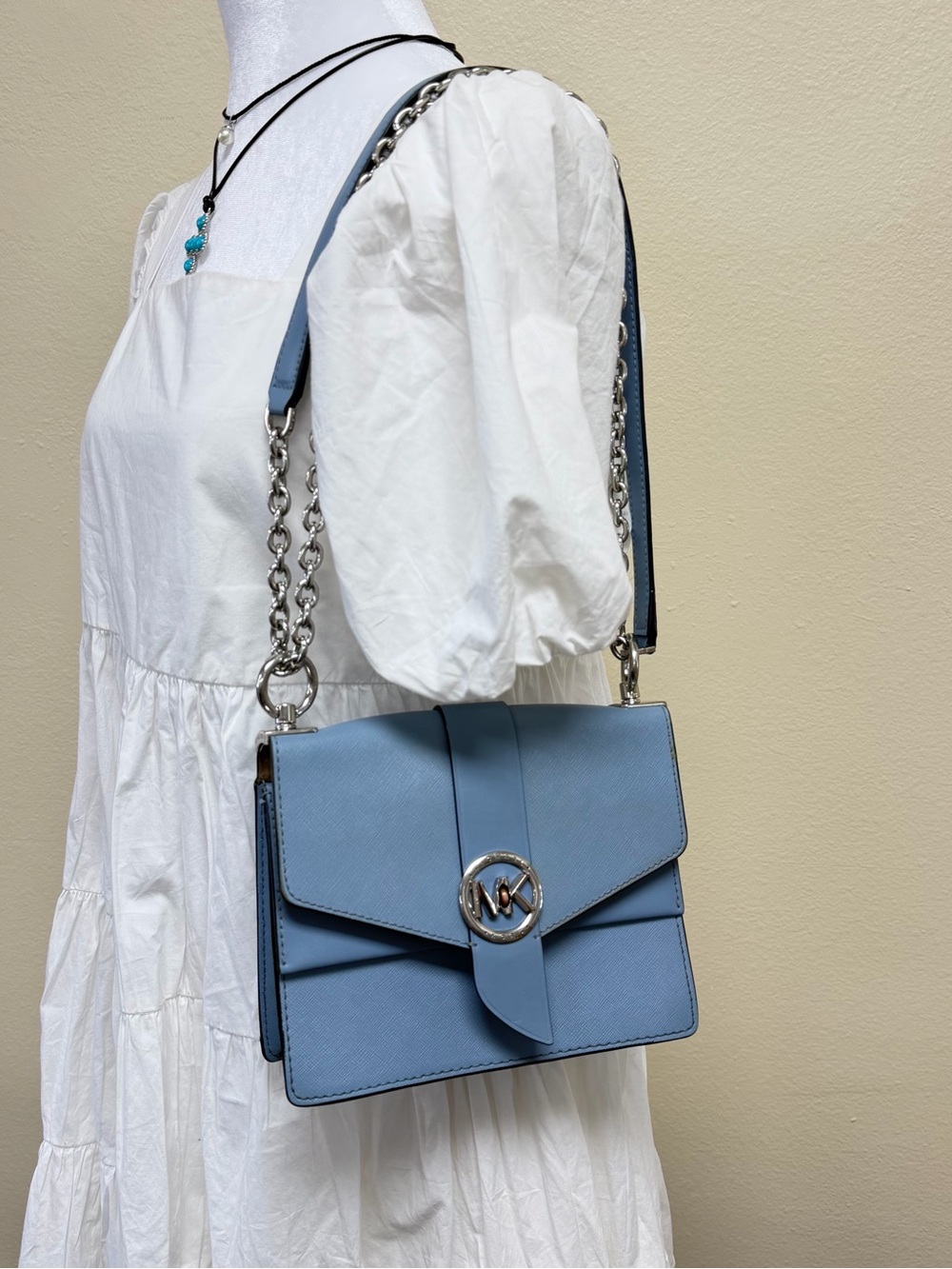 Michael Kors Sky Blue Leather Shoulder Bag with Silver Chain